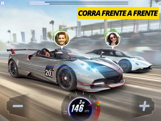Dois carros desportivos lado a lado numa corrida com painel de velocidade